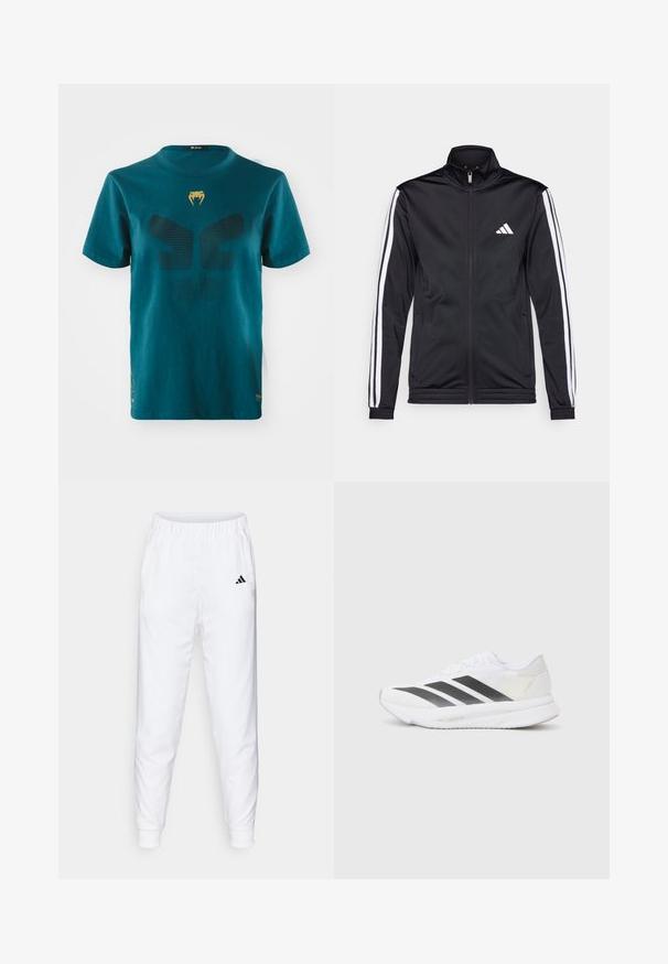 Mustmust mustrendiga jakki, millel on kõrge krae, eesnepp ja valged aktsenttriibud käte ääres. Selles on tikandina valge logo rinnal.; Tümeline puuvillane T-särk, millel on suur musta õhkgardina muster ja kuldne logo rinnal. Lühikesed varrukad ja ümar kaelus.; Valged spordipüksid elastse vöökoht ja pükste alumine serv. Omavad küljetaskuid ja väikest musta logo vasakul reitel. Sile kangast viimistlus.; Valged sportlikud jalanõud mustade diagonaalsete triipudega, võrkkattega, ümarate varvastega ja tekstuurse tallaga. Aktsentideks on hõbedane kand ja minimalistlik disain.