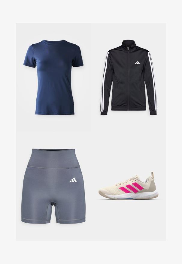 Melnā sporta jaka ar augstu apkakli, priekšējo rāvējslēdzēju un baltām akcenta svītrām gar rokām. Tās priekšpusē ir izšūts balts logo uz krūšu daļas.; Tums zilas īsām piedurknēm t-krekls, izgatavots no mīksta auduma, ar apaļu izgriezumu un mazu logo kreisajā augšējā krūtīs.; Pelēkas sporta šorti ar augstu jostasvietu, izgatavoti no gludas auduma. Izceļas ar dubulto šuvi un baltu Adidas logo kreisajā pusē.; Beige sporta apavi ar rozā trīs svītru logotipu, strukturētu acu augšdaļu, mīkstu apkaklīti un balto gumijas zoli, ar "LIGHTSTRIKE" zīmolu.
