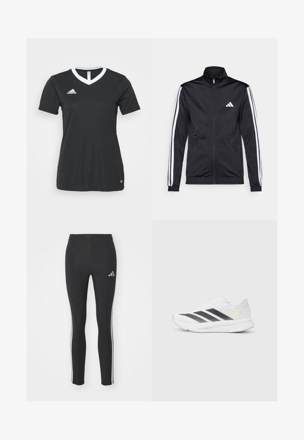 Casaco atlético preto com gola alta, fecho frontal e riscas brancas ao longo das mangas. Apresenta um logótipo branco bordado no peito.; Camisola desportiva preta de manga curta com decote em V e colarinho branco. Logótipo da Adidas em branco no lado esquerdo do peito, feita de um tecido sintético e suave.; Leggings pretos feitos de material elástico com riscas brancas laterais e um pequeno logo refletor no canto superior esquerdo.; Shoe atlético branco com riscas diagonais pretas, parte superior em malha, bico arredondado e sola texturizada. Os destaques incluem um calcanhar prateado e um design minimalista.