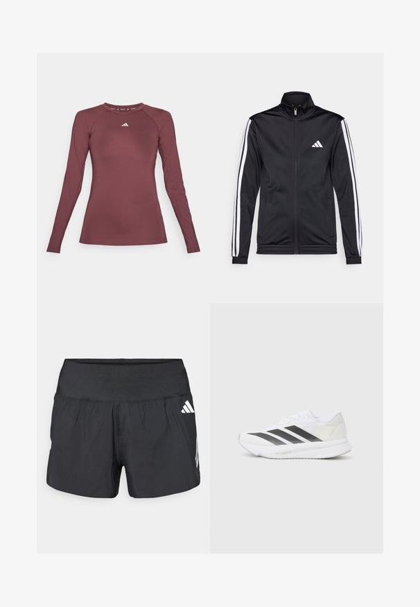 Musta urheilutakki, jossa on korkea kaulus, etuvetoketju ja valkoiset sivuviivat hihoissa. Takissa on brodeerattu valkoinen logo rinnassa.; Pitkähihaisissa urheilupaidassa on viininpunainen väri, ja se on valmistettu sileästä, joustavasta kankaasta. Paidassa on pyöreä pääntie ja pieni valkoinen logo rinnassa.; Musta urheilushortsit, joissa on leveä joustava vyötärönauha, kevyt kangas ja valkoiset logokoristeet alaosassa sivulla.; Valkoinen urheilukenkä, jossa on mustat viistot raidat, verkkosukka, pyöreä kärki ja teksturoitu pohja. Koristeina ovat hopeinen kantapää ja minimalistinen muotoilu.