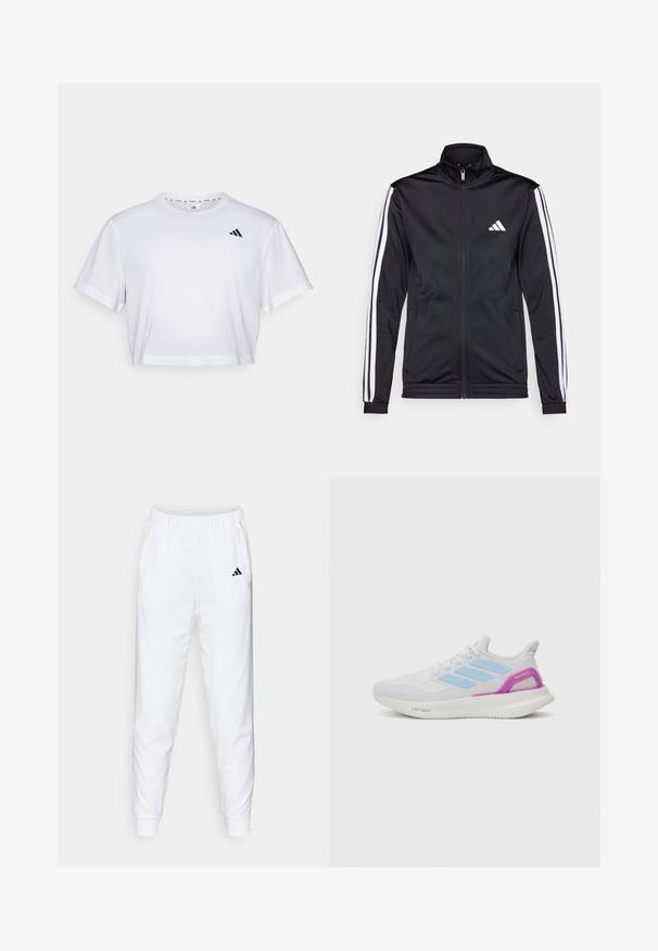 Fekete sportdzseki magas gallérral, elülső cipzárral és fehér díszcsíkokkal a karokon. Hímzett fehér logó található a mellkason.; Fehér, rövid szabású póló, puha anyagból készült, rövid ujjakkal és kerek nyakkivágással. Fekete logó a bal mellen.; Fehér sportnadrág, rugalmas derékrésszel és mandzsettákkal. Oldalsó zsebekkel és egy kis fekete logóval a bal combon. Simább szövet felület.; adidas Performance PUREBOOST 5 - Utcai futócipők - white/glow blue/purple burst