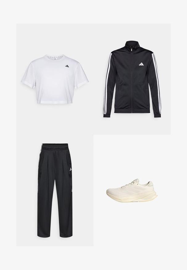 Črna športna jakna z visokim ovratnikom, sprednjim zadrgo in belimi stranskimi črtami po rokavih. Ima vezen beli logotip na prsih.; Bela skrajšana majica iz mehkega blaga, z kratkimi rokavi in okroglim izrezom. Črn logotip na levem prsou.; Črne športne hlače s gubami, elastičnim pasom in stranskimi črtami. Narejene iz gladkega materiala, z belim logotipom Adidas.; Svetlo bež športni copat z mrežno zgornjico, ravnimi vezalkami in oblazinjenim podplatom. Ima zasnovo s tremi črtami na bočni strani.