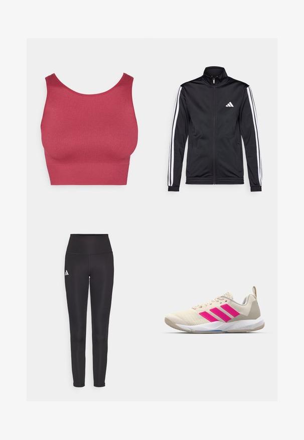 Casaco atlético preto com gola alta, fecho frontal e riscas brancas ao longo das mangas. Apresenta um logótipo branco bordado no peito.; Top crop canelado, sem mangas, na cor rosa profundo. Feito de tecido elástico, com decote redondo e um design ajustado.; Leggings pretos de cintura alta feitos de tecido elástico. Apresenta um logótipo branco no lado esquerdo e um design elegante e sem costuras. Textura suave.; Sapata atlética bege com logotipo de três riscas cor-de-rosa, parte superior em malha texturizada, colarinho acolchoado e sola de borracha branca, apresentando a marca "LIGHTSTRIKE".