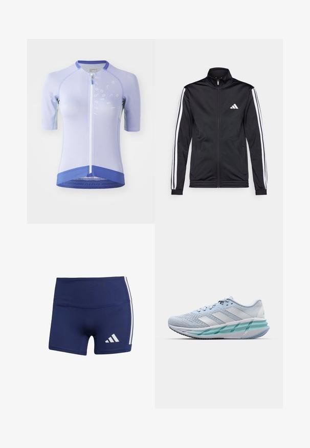 Veste de sport noire avec un col montant, fermeture éclair sur le devant et rayures blanches sur les bras. Elle présente un logo brodé blanc sur la poitrine.; Maillot de cyclisme à manches courtes en violet clair, avec un zip à moitié sur le devant, une texture en maille et des accents violet foncé au niveau de l'ourlet et du col.; Shorts de sport bleu marine à coupe près du corps, en tissu lisse, avec des rayures blanches sur les côtés et un logo en bas à gauche.; Baskets de sport bleu clair avec un dessus en tricot texturé, des accents blancs et une semelle intermédiaire transparente verte. Bout arrondi et col rembourré.