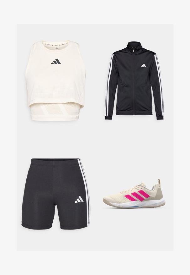 Svart treningsjakke med høy krage, frontglidelås og hvite stripe aksenter langs armene. Har et brodert hvitt logo på brystet.; Hvit idretts crop tank topp laget av pustende materiale. Har rund hals, perforert tekstur og en svart logo på fronten.; Svarte treningsshorts laget av elastisk stoff, med hvite sidestroppene og et Adidas-logo på den nederste høyre benet. Glatt tekstur.; Beige atletik sko med rosa tre-stripes logo, teksturert mesh-overdel, polstret krage og hvit gummisåle, med "LIGHTSTRIKE" merke.