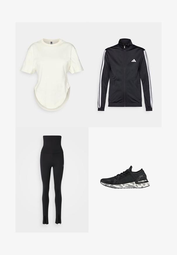 Black athletic jacket with a high collar, front zipper, and white accent stripes along the arms. Features an embroidered white logo on the chest.; Cream-colored t-shirt made of cotton, featuring short sleeves, a rounded hem, and a relaxed fit with a layered design detail at the bottom.; adidas by Stella McCartney Leggings - black; Black athletic shoe with a textured fabric upper, rubber toe cap, and white patterned sole. Features a secure lacing system and supportive heel.