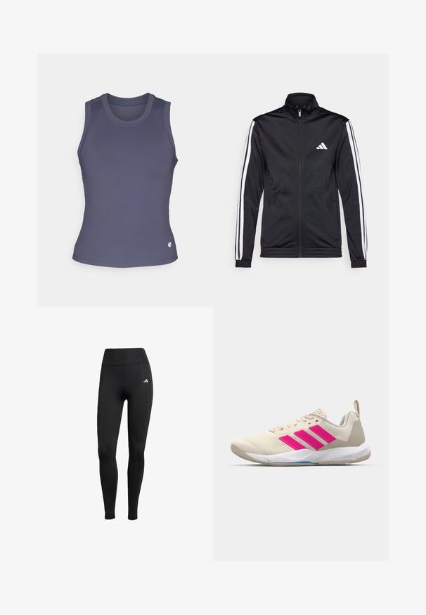 Fekete sportdzseki magas gallérral, elülső cipzárral és fehér díszcsíkokkal a karokon. Hímzett fehér logó található a mellkason.; Ujj nélküli, testre simuló sötétkék bordás póló, lekerekített nyakkivágással és lekerekített alsó résszel. Az alsó részen egy kis logó található.; Fekete sporttá leggings magas derékkal. Stretch anyagból készült, a bal felső oldalon egy fehér logo részlettel.; Beige sportcipő rózsaszín háromsávos logóval, texturált hálós felső résszel, párnázott nyakkal és fehér gumitalppal, "LIGHTSTRIKE" márkajelzéssel.