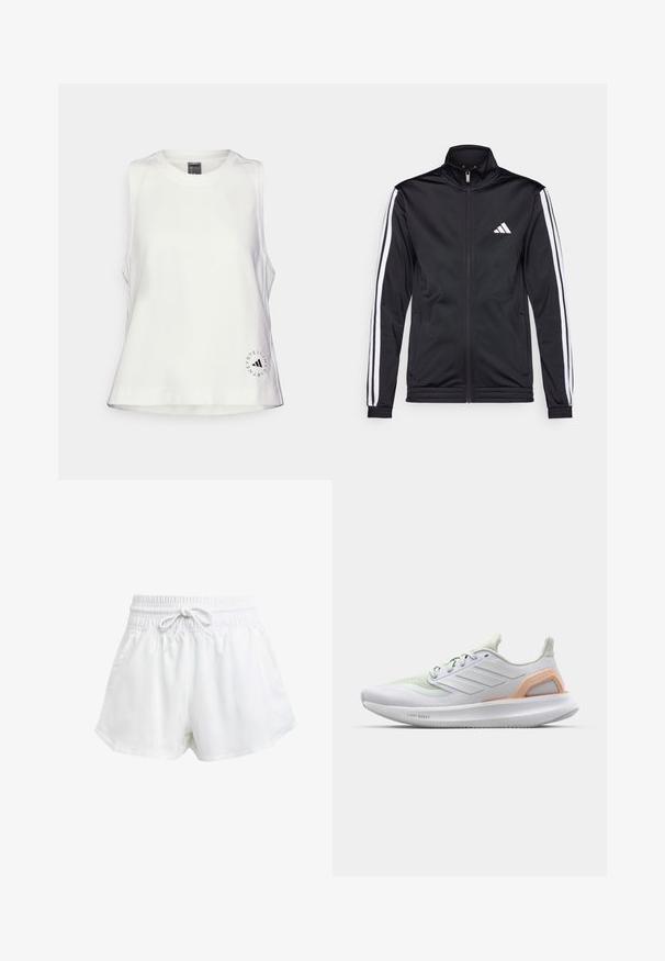 Čierna športová bunda s vysokým golierom, predným zipsom a bielymi akcentmi pozdĺž rukávov. Obsahuje vyšívané biele logo na hrudi.; Biely top bez rukávov s okrúhlym výstrihom, jemnou textúrou a malým čiernym kruhovým logom v dolnom ľavom rohu.; Biele športové šortky s elastickým pásom a nastavitelnou šnúrkou. Vyrobené z ľahkého materiálu, s bočnými vreckami a voľným strihom.; Biele športové topánky s jemne zelenými akcentmi, vrchný diel z priedušnej sieťoviny, gumová podrážka a textúrované detaily. Na boku sú umiestnené značky "LIGHT BOOST".