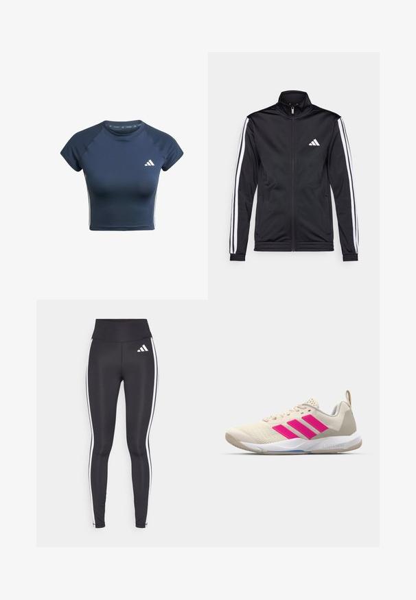 Black athletic jacket with a high collar, front zipper, and white accent stripes along the arms. Features an embroidered white logo on the chest.; Navy blue athletic crop top with short sleeves, ribbed shoulder sections, and white stripe accents along the sides. Features brand logo on chest.; Black leggings with high waist, featuring white side stripes and a small white logo on the upper left thigh. Made from smooth, stretchy material.; Beige athletic shoe with pink three-stripe logo, textured mesh upper, padded collar, and white rubber sole, featuring "LIGHTSTRIKE" branding.