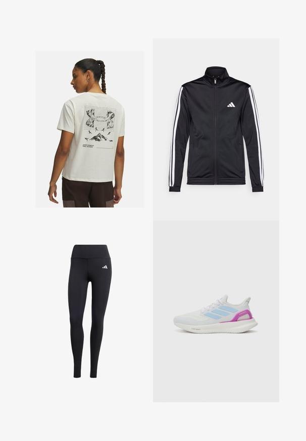 Black athletic jacket with a high collar, front zipper, and white accent stripes along the arms. Features an embroidered white logo on the chest.; Under Armour TRAIL RUN GRAPHIC - Sports T-shirt - stone; Black leggings made of stretchy material, featuring a high waistband and a small white logo, with a smooth, matte finish.; adidas Performance PUREBOOST 5 - Road running shoes - white/glow blue/purple burst