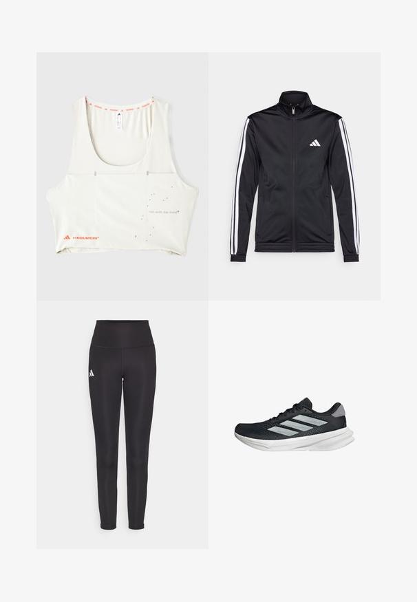 Black athletic jacket with a high collar, front zipper, and white accent stripes along the arms. Features an embroidered white logo on the chest.; White athletic tank top with a scoop neckline, orange branded trim, and metallic print text "run with the mind." Features minimalist design elements.; Black high-waisted leggings made of stretchy fabric. Features a white logo on the left side and sleek, seamless design. Smooth texture.; Black running shoe with mesh upper, three silver stripes, white midsole, and textured outsole. Features padded collar and lace closure.