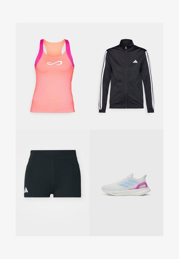 Zwarte sportjack met een hoge kraag, voorrits en witte accentstrepen langs de armen. Bevat een geborduurd wit logo op de borst.; Racerback tanktop in verloopkleuren van koraal en roze, met een soepele en rekbare textuur. Kenmerkt zich door een wit oneindigheid-logo op de voorkant.; Zwarte sportieve shorts van rekbaar materiaal, met een hoge tailleband, aangesloten pasvorm en een wit Adidas-logo aan de linkerkant.; adidas Performance PUREBOOST 5 - Hardloopschoenen voor op de weg - white/glow blue/purple burst