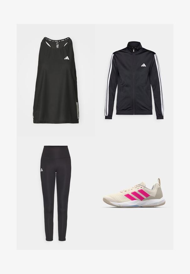 Čierna športová bunda s vysokým golierom, predným zipsom a bielymi akcentmi pozdĺž rukávov. Obsahuje vyšívané biele logo na hrudi.; Čierny bezrukávový športový top s okrúhlym výstrihom. Obsahuje biele logo a tri biele pruhy po stranách; vyrobený z priedušnej látky.; Čierne legíny s vysokým pásom vyrobené z elastického materiálu. Majú biele logo na ľavej strane a elegantný, bezšvový dizajn. Hladká textúra.; Béžová atletická obuv s ružovým logom trojpruhov, textúrovaný sieťový zvršok, polstrovaný golier a biela gumová podrážka s označením "LIGHTSTRIKE".