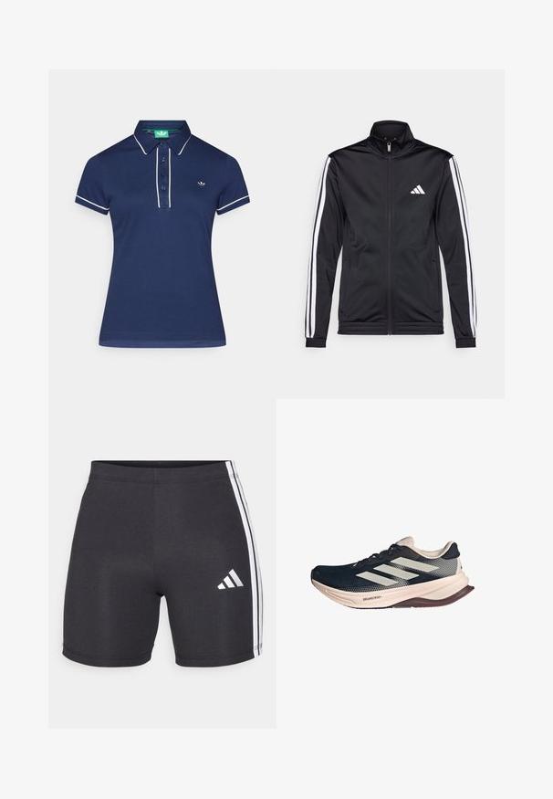 Svart idrottsjacka med hög krage, frontdragkedja och vita accentlinjer längs armarna. Har en broderad vit logotyp på bröstet.; Mörkblå pikétröja i bomull, med klassisk krage, tre knappar fram, vita accenter på ärmarna och en liten logotyp.; Svarta träningsshorts i stretchmaterial, med vita sidostreck och en Adidas-logotyp på nedre delen av höger ben. Slät yta.; Löparskor med en mörkblå meshövre, ljusbeige sula och vit tre-stripes design. Har en strömlinjeformad, aerodynamisk form och texturerade detaljer.