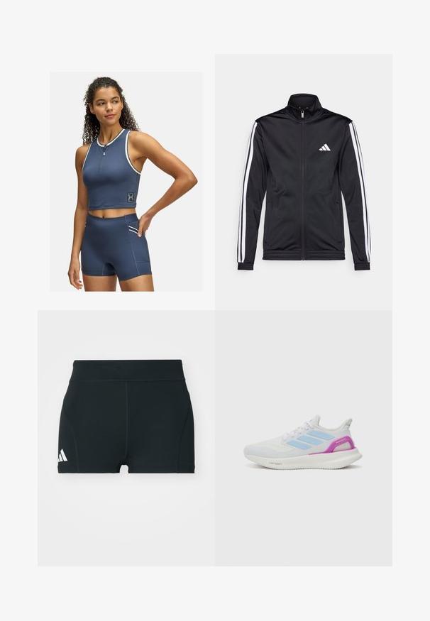 Chaqueta deportiva negra con cuello alto, cremallera frontal y franjas de acento blancas a lo largo de las mangas. Presenta un logo blanco bordado en el pecho.; Top corto atlético de color azul marino con cremallera frontal y detalles en blanco; combinado con pantalones cortos de talle alto que cuentan con un bolsillo lateral y detalles a juego.; Pantalones cortos deportivos negros de tela elástica, con una cintura alta, forma ajustada y logo blanco de Adidas en el lado izquierdo.; adidas Performance PUREBOOST 5 - Zapatillas running asfalto - white/glow blue/purple burst