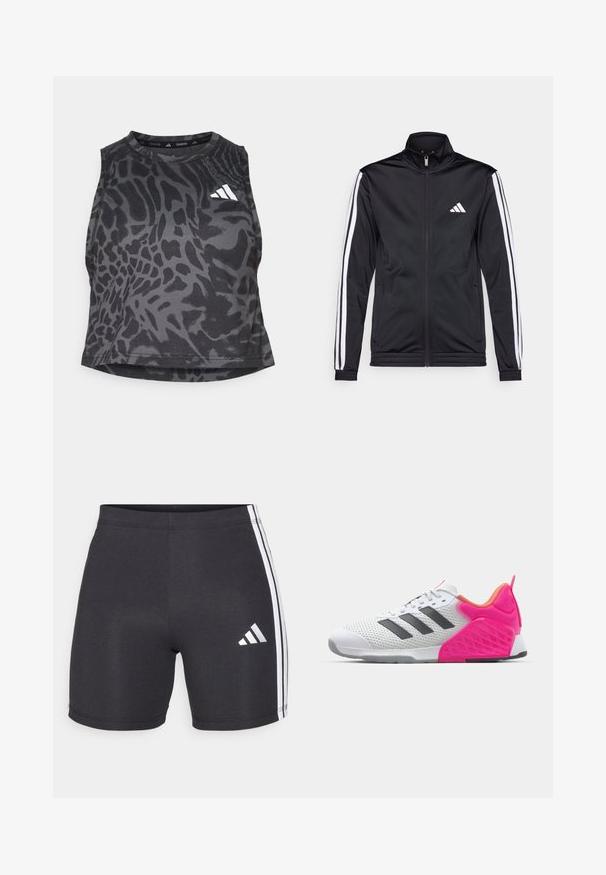 Fekete sportdzseki magas gallérral, elülső cipzárral és fehér díszcsíkokkal a karokon. Hímzett fehér logó található a mellkason.; Fekete sportos crop tank top, textúrált állatmintás dizájnnal, kerek nyakkivágással és egy kis fehér logóval elöl.; Fekete sportnadrág rugalmas anyagból, fehér oldalsávokkal és Adidas logóval a jobb alsó lábszáron. Simas textúrájú.; Fehér sportcipő szürke csíkokkal, hálós felsőrész, rózsaszín sarkal és kiegészítőkkel. Szerkezete textúrázott sarokkal és gumitalppal rendelkezik. Fűzővel és párnázott gallérral.
