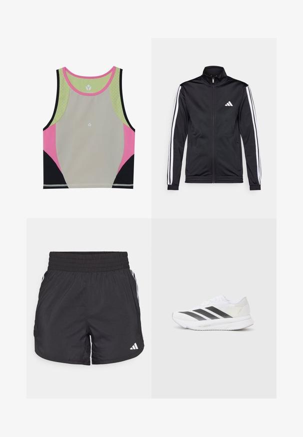 Svart treningsjakke med høy krage, frontglidelås og hvite stripe aksenter langs armene. Har et brodert hvitt logo på brystet.; Fargerik sports crop top med en lys grå kropp, rosa, svart og grønn aksenter, og en rund hals som har perforerte detaljer.; Svarte treningsshorts med elastisk midje, sidelommer og hvite stripeaksenter på sidene. Laget av lett materiale.; Hvit sportssko med svarte diagonale striper, mesh-overdel, rund tå og teksturert såle. Detaljene inkluderer en sølvfarget hæl og minimalistisk design.