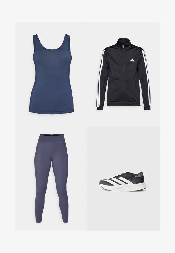 Schwarze Sportjacke mit hohem Kragen, Frontreißverschluss und weißen Akzentstreifen an den Armen. Besitzt ein gesticktes weißes Logo auf der Brust.; Navyblaues Tanktop aus glattem, elastischem Stoff, mit runder Ausschnittform und schmaler Passform. Dezentes Logo nahe dem Saum.; Hochtaillierte Leggings in einem einfarbigen Dunkelgrau. Hergestellt aus elastischem Stoff mit Flachnaht und einem eng anliegenden, zulaufenden Bein Design.; Schwarzer Sportschuh mit weißen Streifen, Obermaterial aus Mesh, gepolsterter Sohle und einem schlanken Design. Akzente in Grau an der Ferse und der Zunge.
