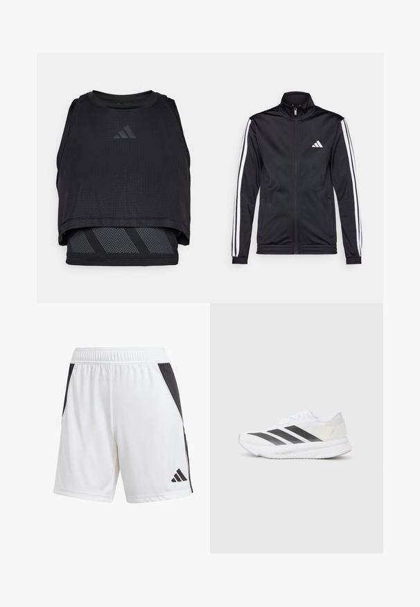 Melnā sporta jaka ar augstu apkakli, priekšējo rāvējslēdzēju un baltām akcenta svītrām gar rokām. Tās priekšpusē ir izšūts balts logo uz krūšu daļas.; Melnais sporta īsais topiņš ar acu dizainu, apaļu kakla izgriezumu un slāņotu apakšdaļu ar pelēkiem diagonāliem svītrām. Tekstūrēta, elpojoša auduma.; Bāli sporta šorti ar melnu sānu paneli, izgatavoti no viegla auduma. Iespējas ietver elastīgu jostasvietu un melnu Adidas logo apakšējā kājā.; Baltas sporta apavs ar melniem diagonāliem svītrām, sieta augšdaļa, noapaļota purngalu forma un teksturēta zole. Akcenti ietver sudraba papēdi un minimālistisku dizainu.
