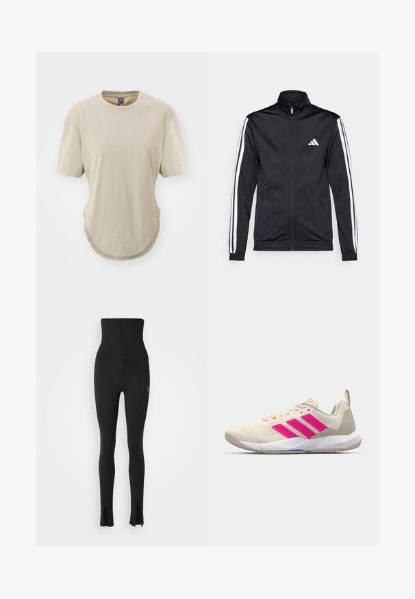 Black athletic jacket with a high collar, front zipper, and white accent stripes along the arms. Features an embroidered white logo on the chest.; Beige short-sleeve t-shirt made of soft cotton. Features a round neckline and a curved hem with side slits for a relaxed fit.; adidas by Stella McCartney Leggings - black; Beige athletic shoe with pink three-stripe logo, textured mesh upper, padded collar, and white rubber sole, featuring "LIGHTSTRIKE" branding.
