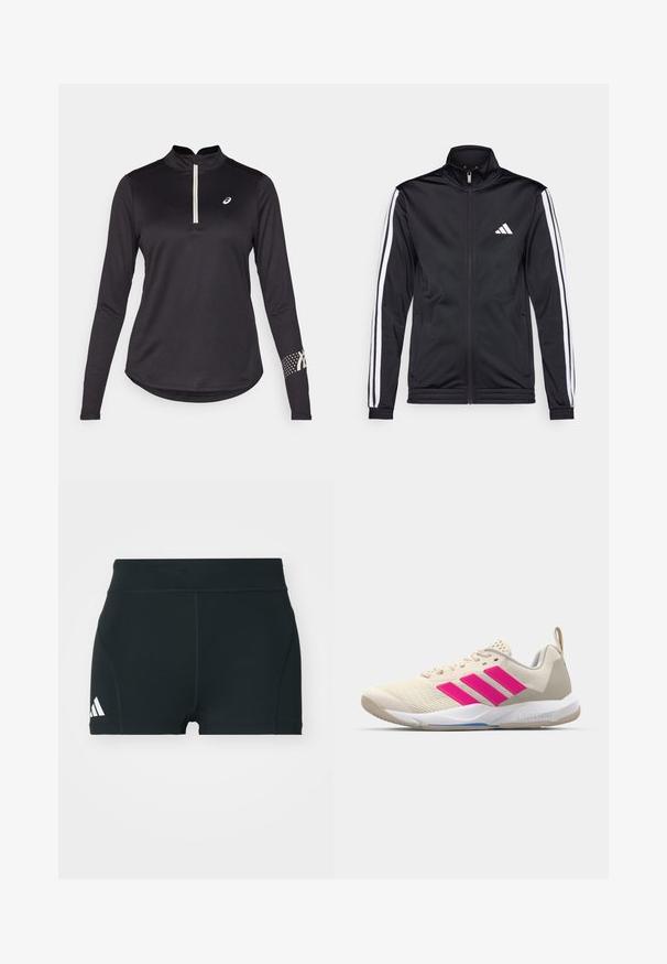Zwarte sportjack met een hoge kraag, voorrits en witte accentstrepen langs de armen. Bevat een geborduurd wit logo op de borst.; Zwart longsleeve sporttop met een halve ritskraag, textuurstof en een gestippeld patroon op de rechtermouw met logo-accenten.; Zwarte sportieve shorts van rekbaar materiaal, met een hoge tailleband, aangesloten pasvorm en een wit Adidas-logo aan de linkerkant.; Beige sportshoe met een roze drie-strepen logo, een textuur-mesh bovenkant, een gevoerde kraag en een witte rubberen zool, met "LIGHTSTRIKE" branding.