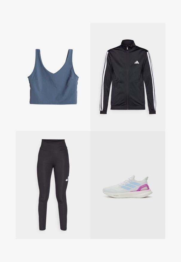 Crna atletska jakna s visokim ovratnikom, prednjim patentnim zatvaračem i bijelim akcentskim prugama duž ruku. Sadrži izvezeni bijeli logo na prsima.; Plava kratka majica bez rukava s V-izrezom, izrađena od glatkog materijala. Ima široke naramenice i jedan detalj džepa sa strane.; Crne tajice visokog struka napravljene od glatkog, rastezljivog materijala, s bijelim logotipom s lijeve strane. Uskladjeni dizajn bez uzoraka.; adidas Performance PUREBOOST 5 - Tenisice za cestovno trčanje - white/glow blue/purple burst