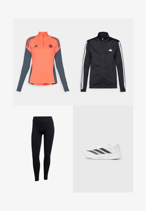 Fekete sportdzseki magas gallérral, elülső cipzárral és fehér díszcsíkokkal a karokon. Hímzett fehér logó található a mellkason.; Hosszú ujjú sportos felső, félig cipzáras kialakítással, élénk korall színű testtel, szürke ujjakkal, három fekete csíkkal és kör alakú logóval a mellkason.; Fekete sport leggings rugalmas anyagból, magas derékkal, testhez simuló szabású, bordázott bokakivágással. Diszkrét márkalogó.; Fehér sportcipő fekete átlós csíkokkal, hálós felsőrésszel, lekerekített orral és texturált talppal. A kiegészítők között szerepel egy ezüst sarok és minimalista dizájn.