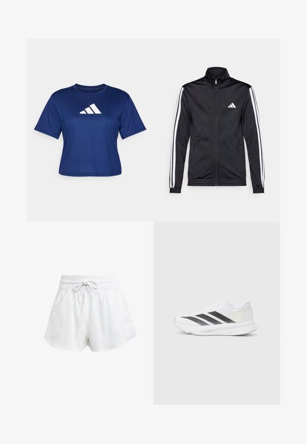 Mustmust mustrendiga jakki, millel on kõrge krae, eesnepp ja valged aktsenttriibud käte ääres. Selles on tikandina valge logo rinnal.; Tume sinine spordisärk, valmistatud kergest kangast, lühikeste varrukatega ja esiküljel valge logo kolme diagonaalse triibuga.; Valged spordilühikesed püksid elastse vöökoha ja reguleeritava paelaga. Valmistatud kergest materjalist, küljetaskudega ja lõdva istuvusega.; Valged sportlikud jalanõud mustade diagonaalsete triipudega, võrkkattega, ümarate varvastega ja tekstuurse tallaga. Aktsentideks on hõbedane kand ja minimalistlik disain.