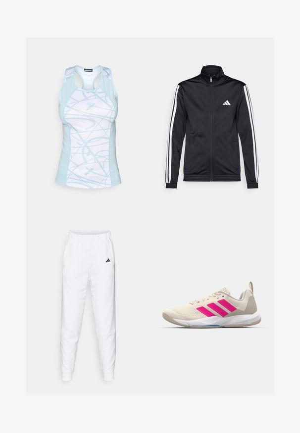 Mustmust mustrendiga jakki, millel on kõrge krae, eesnepp ja valged aktsenttriibud käte ääres. Selles on tikandina valge logo rinnal.; Hele sinine spordikliide, millel on valge alus, ja kujunduses on keerduv muster, võrgust paneelid ning racerback disain.; Valged spordipüksid elastse vöökoht ja pükste alumine serv. Omavad küljetaskuid ja väikest musta logo vasakul reitel. Sile kangast viimistlus.; Beige spordijalanõud roosa kolme triibu logoga, tekstureeritud võrkkangas peal, polsterdatud sääreosa ja valge kummist tallaga, kus on "LIGHTSTRIKE" bränd.