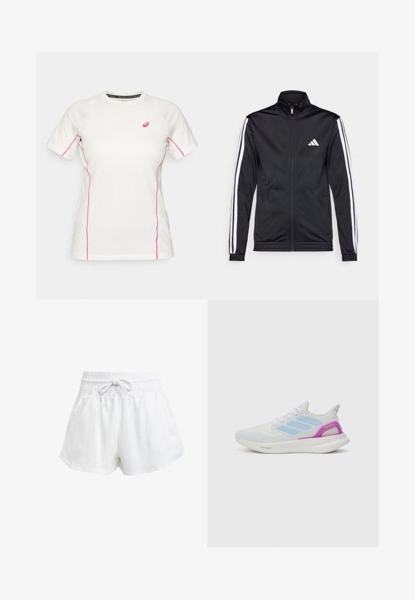 Czarna sportowa kurtka z wysokim kołnierzem, przednim zamkiem błyskawicznym i białymi paskami akcentującymi na rękawach. Posiada wyszywane białe logo na klatce piersiowej.; Biała, krótko rękawowa koszulka sportowa z różowym przeszyciem po bokach i na rękawach, z małym różowym logo Asics na piersi.; Białe sportowe szorty z elastycznym pasem i regulowanym sznurkiem. Wykonane z lekkiego materiału, z bocznymi kieszeniami i luźnym krojem.; adidas Performance PUREBOOST 5 biały
