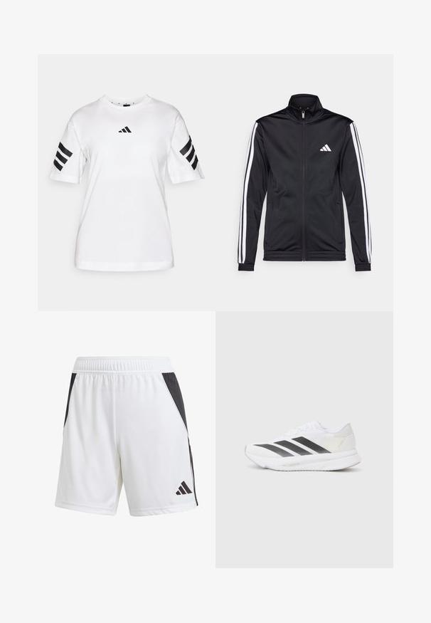 Melnā sporta jaka ar augstu apkakli, priekšējo rāvējslēdzēju un baltām akcenta svītrām gar rokām. Tās priekšpusē ir izšūts balts logo uz krūšu daļas.; Balts kokvilnas T-krekls ar melnu trīs svītru dizainu uz piedurknēm un mazu melnu Adidas logo uz krūšu. Apaļais kakls.; Bāli sporta šorti ar melnu sānu paneli, izgatavoti no viegla auduma. Iespējas ietver elastīgu jostasvietu un melnu Adidas logo apakšējā kājā.; Baltas sporta apavs ar melniem diagonāliem svītrām, sieta augšdaļa, noapaļota purngalu forma un teksturēta zole. Akcenti ietver sudraba papēdi un minimālistisku dizainu.