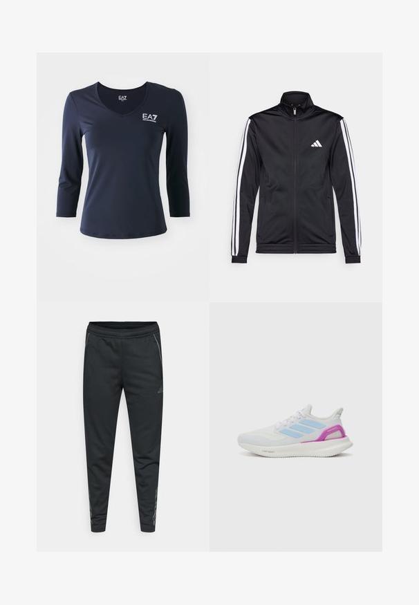 Mustmust mustrendiga jakki, millel on kõrge krae, eesnepp ja valged aktsenttriibud käte ääres. Selles on tikandina valge logo rinnal.; Tumesinise V-kaelusega pikaaerlhüüdja, valmistatud siledast kangast. Rinnas on EA7 logo ja sellel on kitsas lõige, lihtne ja puhas lõige.; Mustad spordipüksid, mis on valmistatud pehmest kangast, omavad kitsenevat disaini, elastset vööd ja peegeldavaid küljesid.; adidas Performance PUREBOOST 5 - Maanteejooksu jalatsid - white/glow blue/purple burst