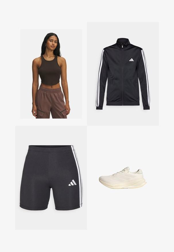 Sort atletisk jakke med høj krave, for-zip og hvide accentstriber langs armene. Har et broderet hvidt logo på brystet.; Brun ribbet crop top med rund halsudskæring og minimale syninger, parret med lysebrune bukser med sidelommer og elastisk talje.; Sorte atletiske shorts lavet af strækstof, præget af hvide sidelister og et Adidas-logo på den nedre højre ben. Glat tekstur.; Lys beige atletisk sko med overdel i net, flade snørebånd og en polstret sål. Har et design med tre striber på den laterale side.