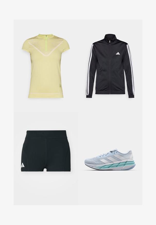 Černá sportovní bunda s vysokým límcem, předním zipem a bílými akcentovacími pruhy na rukávech. Obsahuje vyšitý bílý logo na prsou.; Krátký rukáv, světlě žlutá sportovní košile s vysokým límcem, předním zipem v neonově zelené barvě a jemnými geometrickými vzory na tkanině.; Černé sportovní šortky vyrobené z elastického materiálu, s vysokým pasem, těsným střihem a bílým logem Adidas na levé straně.; Světlomodré sportovní boty s texturovaným pleteným svrškem, bílými akcenty a průhledným zeleným mezipodešví. Oválná špička a polstrovaný límec.