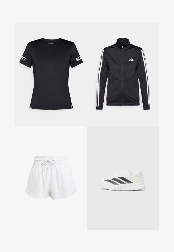 Casaco atlético preto com gola alta, fecho frontal e riscas brancas ao longo das mangas. Apresenta um logótipo branco bordado no peito.; T-shirt preta de mangas curtas feita de um tecido liso. Apresenta um decote redondo e o logótipo "BORG" em branco na mangas direita.; Calções de desporto brancos com um cós elástico e cordão ajustável. Feitos de material leve, apresentam bolsos laterais e um corte largo.; Shoe atlético branco com riscas diagonais pretas, parte superior em malha, bico arredondado e sola texturizada. Os destaques incluem um calcanhar prateado e um design minimalista.