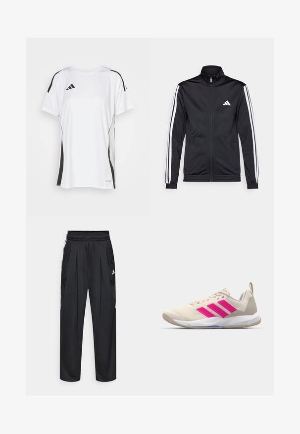 Mustmust mustrendiga jakki, millel on kõrge krae, eesnepp ja valged aktsenttriibud käte ääres. Selles on tikandina valge logo rinnal.; Valge sportlik T-särk mustade aktsentidega, lühikeste varrukatega, ümarate kaelustega ja voolujoonelise disainiga. Sisaldab "AEROREADY" brändi.; Mustad sportpüksid palistete, elastse vöökohaga ja küljeribadega. Valmistatud siledast kangast, millel on valge Adidas logo.; Beige spordijalanõud roosa kolme triibu logoga, tekstureeritud võrkkangas peal, polsterdatud sääreosa ja valge kummist tallaga, kus on "LIGHTSTRIKE" bränd.