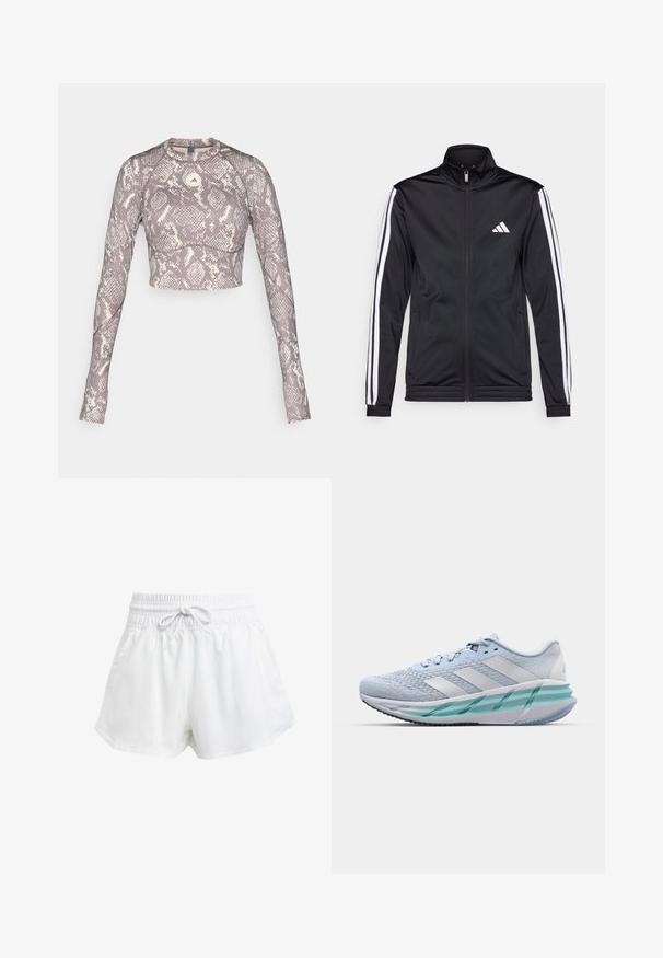 Černá sportovní bunda s vysokým límcem, předním zipem a bílými akcentovacími pruhy na rukávech. Obsahuje vyšitý bílý logo na prsou.; Zkrácený dlouhý rukáv top v lilákovém a krémovém hadím vzoru, s kulatým výstřihem a hladkým elastickým materiálem.; Bílé sportovní kraťasy s elastickým pasem a nastavitelnou šňůrkou. Vyrobené z lehkého materiálu, s bočními kapsami a volným střihem.; Světlomodré sportovní boty s texturovaným pleteným svrškem, bílými akcenty a průhledným zeleným mezipodešví. Oválná špička a polstrovaný límec.