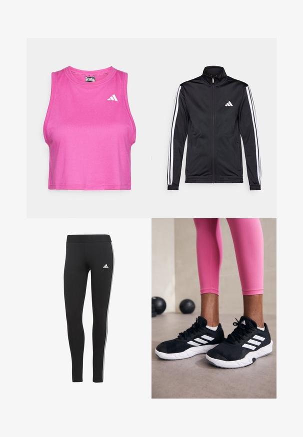 Svart treningsjakke med høy krage, frontglidelås og hvite stripe aksenter langs armene. Har et brodert hvitt logo på brystet.; Rosa treningscrop top laget av et glatt, elastisk stoff. Har rund halslinning og en hvit logo på venstre brystområde.; Sorte tights laget av elastisk stoff, med høy midje, hvite sidestreker og en liten hvit logo på venstre hofte.; Svarte treningssko med hvite striper, teksturert mesh-overdel og hvit såle. Brukt med rosa leggings, som viser frem treningsklær.
