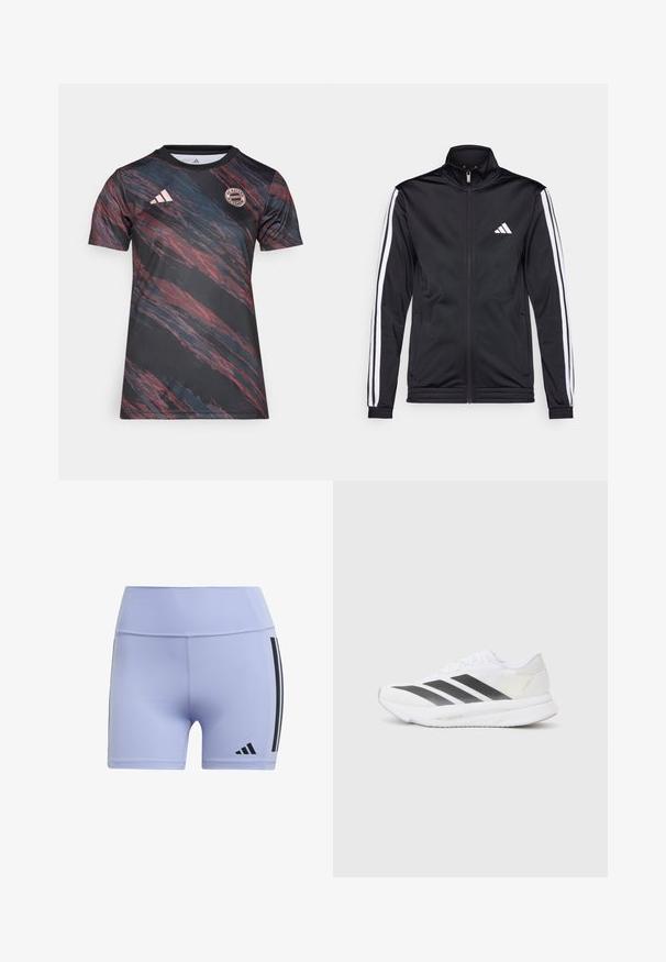 Črna športna jakna z visokim ovratnikom, sprednjim zadrgo in belimi stranskimi črtami po rokavih. Ima vezen beli logotip na prsih.; Črna športna majica z abstraktnimi rdečimi in modrimi črtami, logotipom Adidas, zaobljenim ovratnikom in emblemom Bayerna iz Münchna. Narejena iz gladkega materiala.; Svetlo vijolične športne hlače z gladko teksturo, ki imajo črne bočne črte in logo na spodnjem levem delu noge.; Bela atletska čevlja z črnimi diagonali, mrežastim zgornjim delom, zaobljenim nosom in teksturirano podplatom. Dodatki vključujejo srebrno peto in minimalističen dizajn.