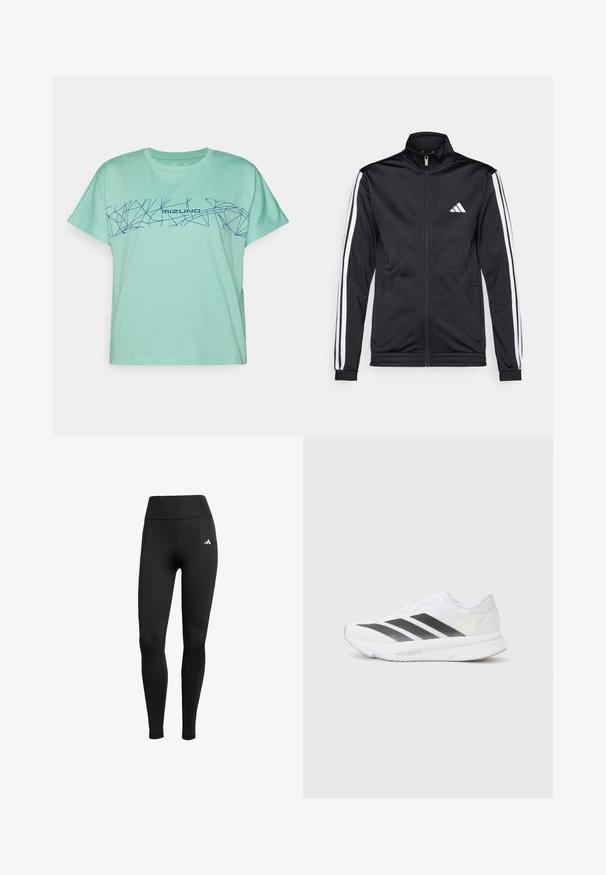 Mustmust mustrendiga jakki, millel on kõrge krae, eesnepp ja valged aktsenttriibud käte ääres. Selles on tikandina valge logo rinnal.; Mündroheline T-särk, mis on valmistatud puuvillast, millel on tumesinise geomeetrilise joonekujundusega ja "MIZUNO" tekst rinna ääres. Lühikesed varrukad, ümmargune kaelus.; Mustad mustad sportlikud legginsid kõrge vöökohaga. Valmistatud venivast kangast, millel on valge logo detail vasakul ülaosas.; Valged sportlikud jalanõud mustade diagonaalsete triipudega, võrkkattega, ümarate varvastega ja tekstuurse tallaga. Aktsentideks on hõbedane kand ja minimalistlik disain.