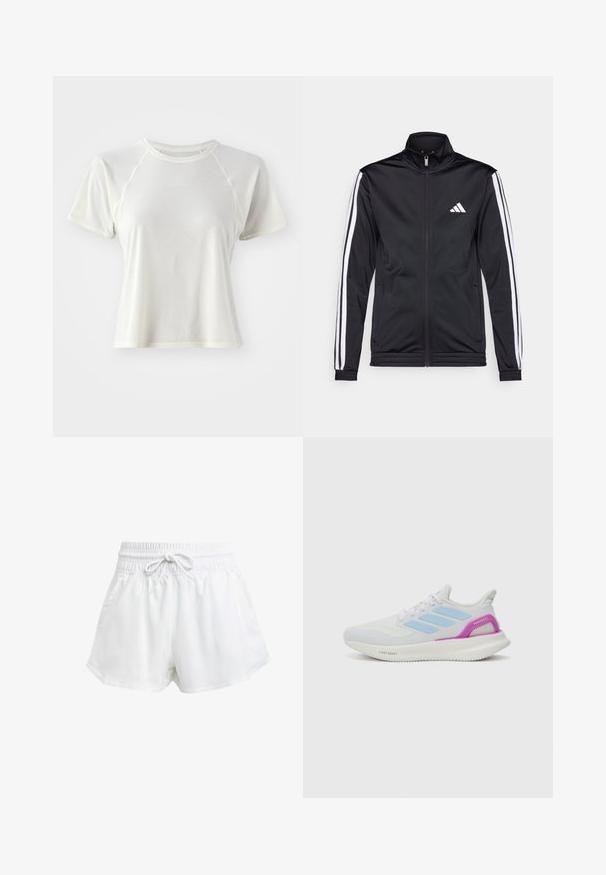 Fekete sportdzseki magas gallérral, elülső cipzárral és fehér díszcsíkokkal a karokon. Hímzett fehér logó található a mellkason.; Könnyű, rövid ujjú póló világos krémszínben, texturált anyaggal, raglán ujjókkal és egy kis "Salomon" logóval elöl.; Fehér sportcipőnadrág rugalmas derékrésszel és állítható húzózsinórral. Könnyű anyagból készült, oldalzsebekkel rendelkezik és laza szabású.; adidas Performance PUREBOOST 5 - Utcai futócipők - white/glow blue/purple burst