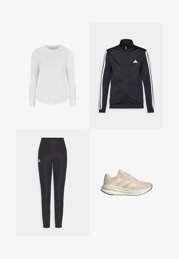 Schwarze Sportjacke mit hohem Kragen, Frontreißverschluss und weißen Akzentstreifen an den Armen. Besitzt ein gesticktes weißes Logo auf der Brust.; Weißes Langarmshirt mit Rundhalsausschnitt. Schlanker Schnitt und glatte Textur, mit schwarzem Drucktext auf dem linken Ärmel.; Schwarze hochgeschnittene Leggings aus dehnbarem Stoff. Mit einem weißen Logo auf der linken Seite und einem eleganten, nahtlosen Design. Glatte Textur.; Beige Laufschuhe mit einem leichten Mesh-Obermaterial, drei weißen Streifen, gepolsteter Sohle und einer strukturierten Gummisohle für besseren Halt.