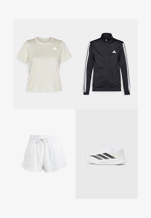 Melnā sporta jaka ar augstu apkakli, priekšējo rāvējslēdzēju un baltām akcenta svītrām gar rokām. Tās priekšpusē ir izšūts balts logo uz krūšu daļas.; adidas Performance TRAIN ESSENTIALS 3STRIPES WORKOUT - Sporta krekli - alumina/white; Baltas sporta šorts ar elastīgu jostu un regulējamu auklu. Izgatavoti no viegla materiāla, ar sānu kabatām un brīvu piegriezumu.; Baltas sporta apavs ar melniem diagonāliem svītrām, sieta augšdaļa, noapaļota purngalu forma un teksturēta zole. Akcenti ietver sudraba papēdi un minimālistisku dizainu.
