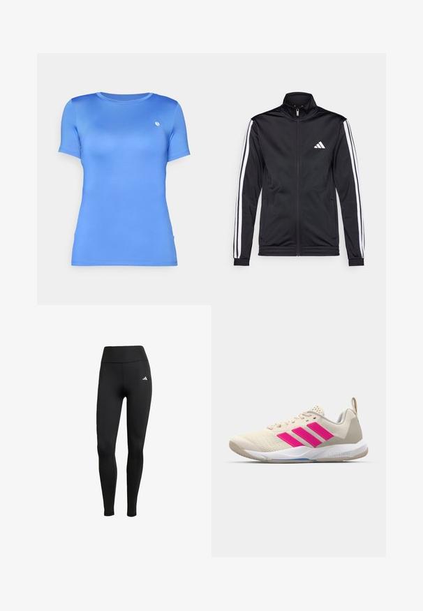 Juoda sportinė striukė su aukštu apykakle, priekiniais užtrauktukais ir baltais akcentiniais dryžiais ant rankovių. Ant krūtinės yra išsiuvinėta balta logo.; Mėlynas trumpomis rankovėmis marškinėliai, pagaminti iš lygios medžiagos, su apvaliu iškirpimu ir mažu logotipu ant krūtinės.; Juodi sportiniai legingai su aukštu juosmeniu. pagaminti iš elastingos medžiagos, su baltu logotipo akcentu viršutiniame kairiajame kampe.; Bežiniai sportiniai bateliai su rožinėmis trimis juostomis, tekstūruota tinklelio viršutinė dalis, paminkštinta apykaklė ir balta guma neslystančia padu, turintys "LIGHTSTRIKE" prekės ženklą.