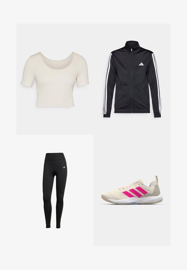 Giacca sportiva nera con colletto alto, zip frontale e righe bianche lungo le maniche. Presenta un logo bianco ricamato sul petto.; Top corto a maniche corte in morbido tessuto a coste beige chiaro. Presenta una ampia scollatura a barca e una vestibilità aderente, che mette in risalto una consistenza liscia.; Leggings sportivi neri con vita alta. Realizzati in tessuto elastico con un dettaglio del logo bianco sulla parte superiore sinistra.; Scarpa sportiva beige con logo a tre strisce rosa, tomaia in rete testurizzata, collo imbottito e suola in gomma bianca, con il marchio "LIGHTSTRIKE".