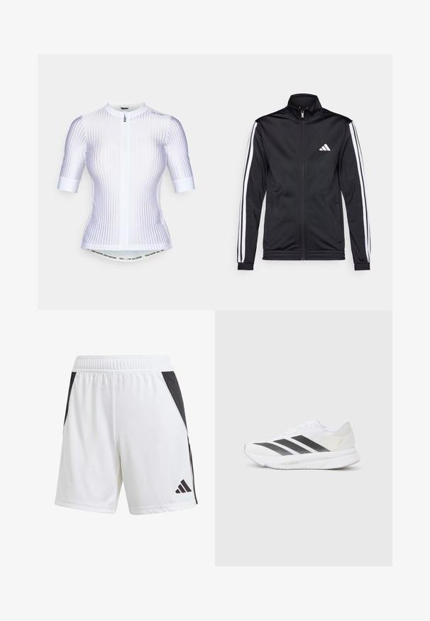 Black athletic jacket with a high collar, front zipper, and white accent stripes along the arms. Features an embroidered white logo on the chest.; White cycling jersey with short sleeves, featuring vertical ribbed texture, zip closure, and contrasting blue accents on shoulders.; White athletic shorts with a black side panel, made of lightweight fabric. Features an elastic waistband and a black Adidas logo on the lower leg.; White athletic shoe with black diagonal stripes, mesh upper, rounded toe, and textured sole. Accents include a silver heel and minimalistic design.