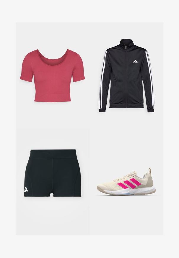 Musta urheilutakki, jossa on korkea kaulus, etuvetoketju ja valkoiset sivuviivat hihoissa. Takissa on brodeerattu valkoinen logo rinnassa.; Lyhythihainen crop-top, jossa on yksivärinen ruusukukka, ribbitekstuuri, pyöreä kaula-aukko, nappimallinen muotoilu ja kapea helma vyötäröllä.; Mustat urheilushortsit, jotka on valmistettu joustavasta kankaasta. Niissä on korkea vyötärö, tiivis muoto ja valkoinen Adidas-logo vasemmalla puolella.; Beige urheilujalkine, jossa on vaaleanpunainen kolmonen-striippi-logo, teksturoitu verkko-yläosa, pehmustettu kaulus ja valkoinen kumipohja, jossa on "LIGHTSTRIKE" -brändäys.