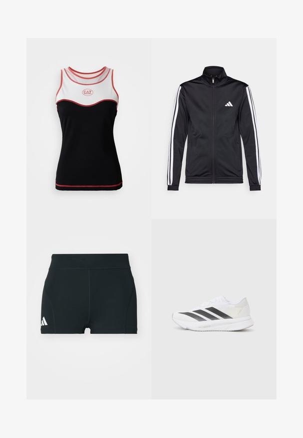 Casaco atlético preto com gola alta, fecho frontal e riscas brancas ao longo das mangas. Apresenta um logótipo branco bordado no peito.; Top sem mangas a preto e branco com detalhes em vermelho. Apresenta um design curvado, costura em contraste e um logótipo EA7 na frente.; Calções atléticos pretos feitos de um tecido elástico, com uma cintura alta, forma ajustada e logótipo branco da Adidas no lado esquerdo.; Shoe atlético branco com riscas diagonais pretas, parte superior em malha, bico arredondado e sola texturizada. Os destaques incluem um calcanhar prateado e um design minimalista.