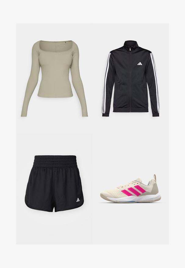 Svart treningsjakke med høy krage, frontglidelås og hvite stripe aksenter langs armene. Har et brodert hvitt logo på brystet.; Langermet beige topp med firkantet utringning, ribbestruktur og tettsittende design. Har minimal søm og en liten merkevarelogo nederst.; Sorte idrettsshorts med en elastisk, rynket midje og en hvit logo på nedre høyre side. Glatt, lett materiale.; Beige atletik sko med rosa tre-stripes logo, teksturert mesh-overdel, polstret krage og hvit gummisåle, med "LIGHTSTRIKE" merke.