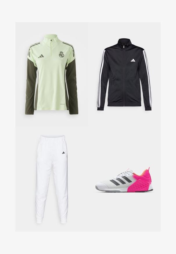 Juoda sportinė striukė su aukštu apykakle, priekiniais užtrauktukais ir baltais akcentiniais dryžiais ant rankovių. Ant krūtinės yra išsiuvinėta balta logo.; Šviesiai žalia sportinė marškinėliai su tamsiai žaliais rankovėmis, ketvirčio užtrauktuku ir baltais šonais; turi logotipą ant krūtinės ir AeroReady ženklą.; Balti sportiniai kelnių su elastine juosta ir rankogaliais. Turintys šonines kišenes ir mažą juodą logotipą kairėje šlaunyje. Lygi audinio apdaila.; Balti sportiniai bateliai su pilkomis juostelėmis, tinklinio viršumi ir rožinėmis kulno bei akcentų detalėmis. Yra tekstūruotas kulnas ir guminis padas. Raišteliai ir paminkštinta apykaklė.